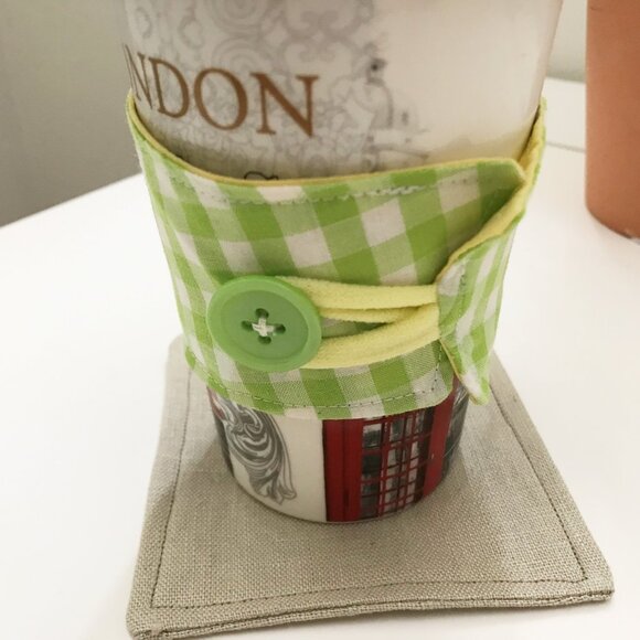 Handmade Fabric Coffee Cozy, Reusable Coffee Cup Sleeve, Yellow Green Gingham - Picture 1 of 4